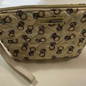 Betsey Johnson “I Do” cosmetic bag with charm beige, gold, and white Wedding